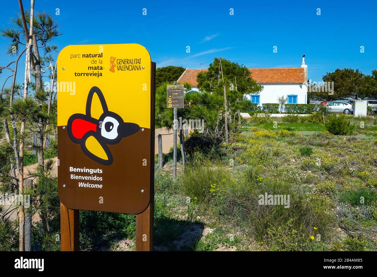 Welcome sign to Natural Park of La Mata and Torrevieja, Costa Blanca, Spain Stock Photo