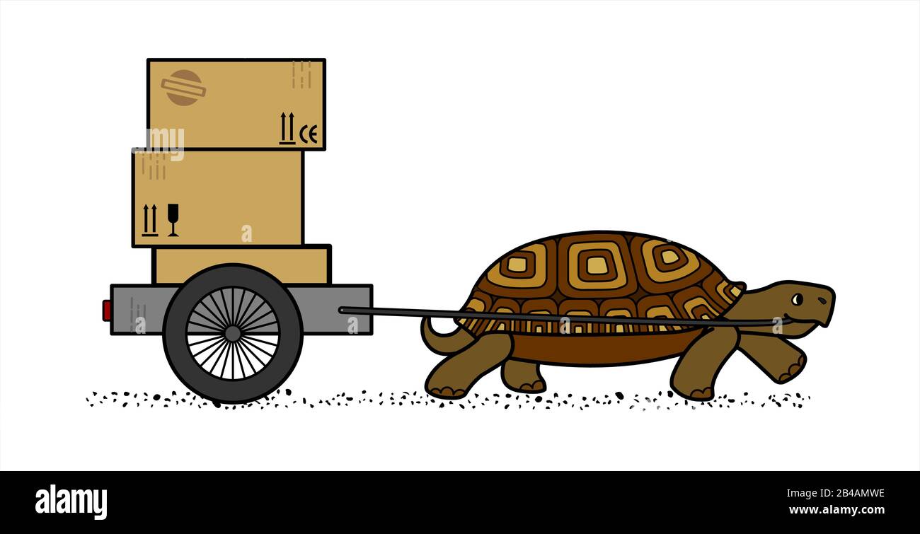 Side View Of A Vector Cute Land Turtle Carrying A Cart With Boxes. Cardboard Boxes With Marking. Slow Delivery. Isolated On A White Background. Symbol Stock Vector