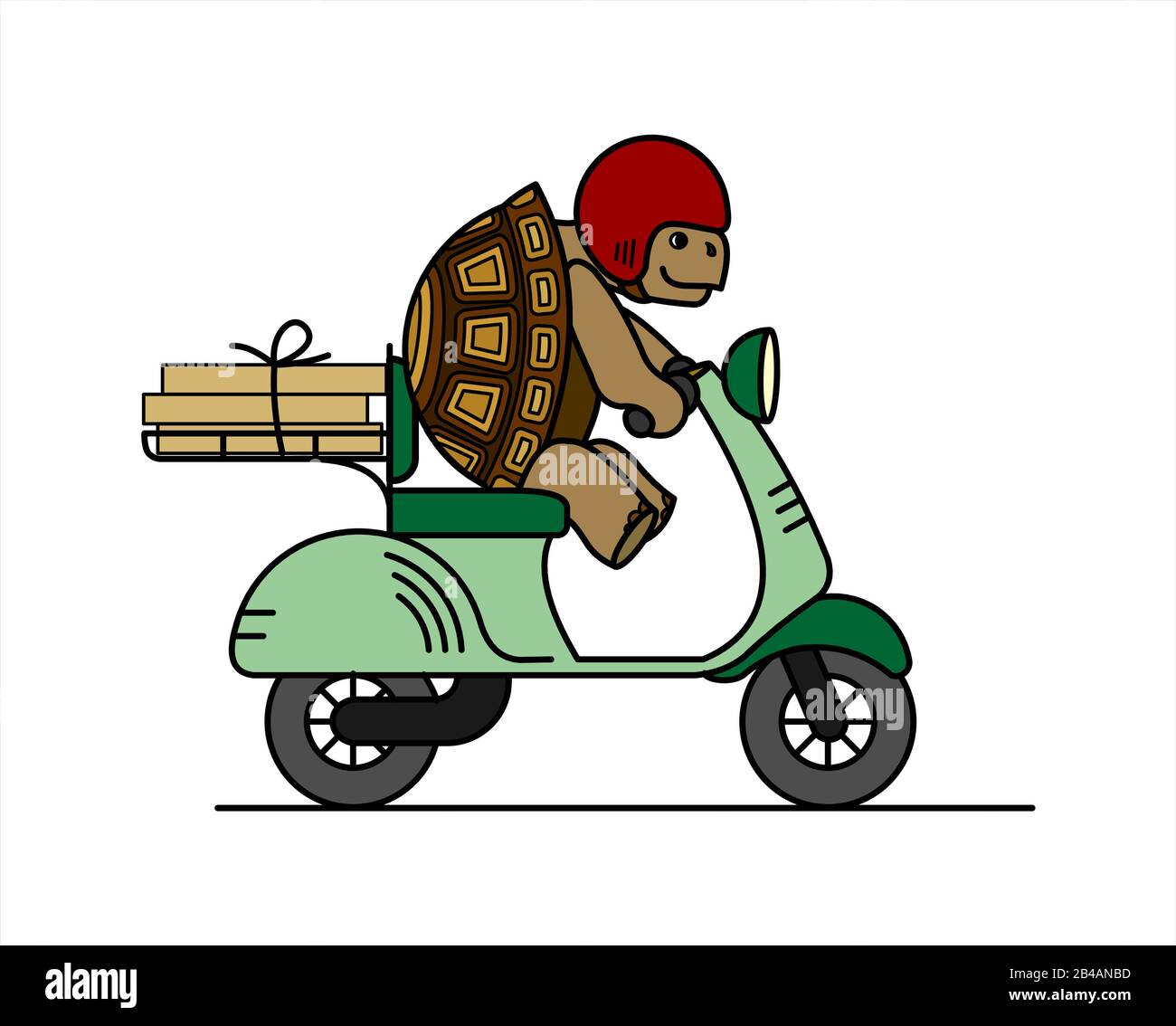 turtle is riding a scooter; slow delivery; cute turtle in a helmet carries boxes on a moped; cardboard boxes; symbol of slowness; modern flat vector i Stock Vector