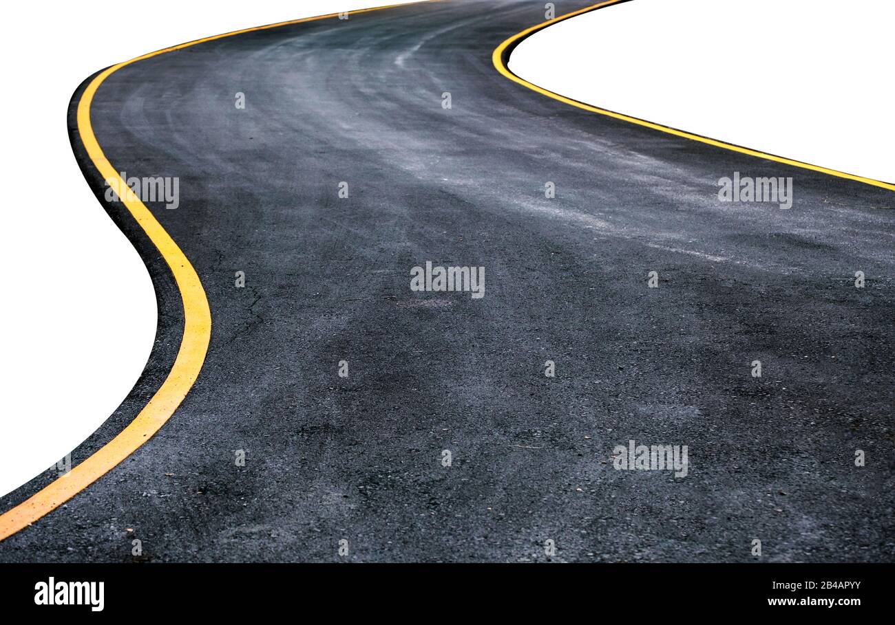 Winding asphalt road with yellow symbol. Isolated on background Stock ...