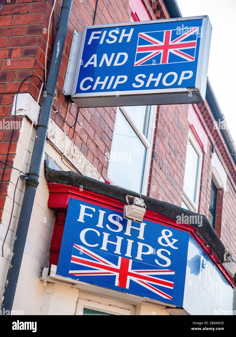 Traditional English Fish & Chips sign with Union Jack Stock Photo