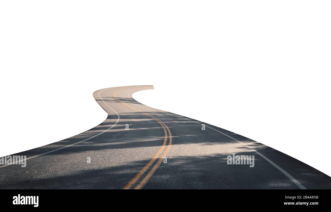 Winding asphalt road with yellow symbol and sunlight. Isolated on ...