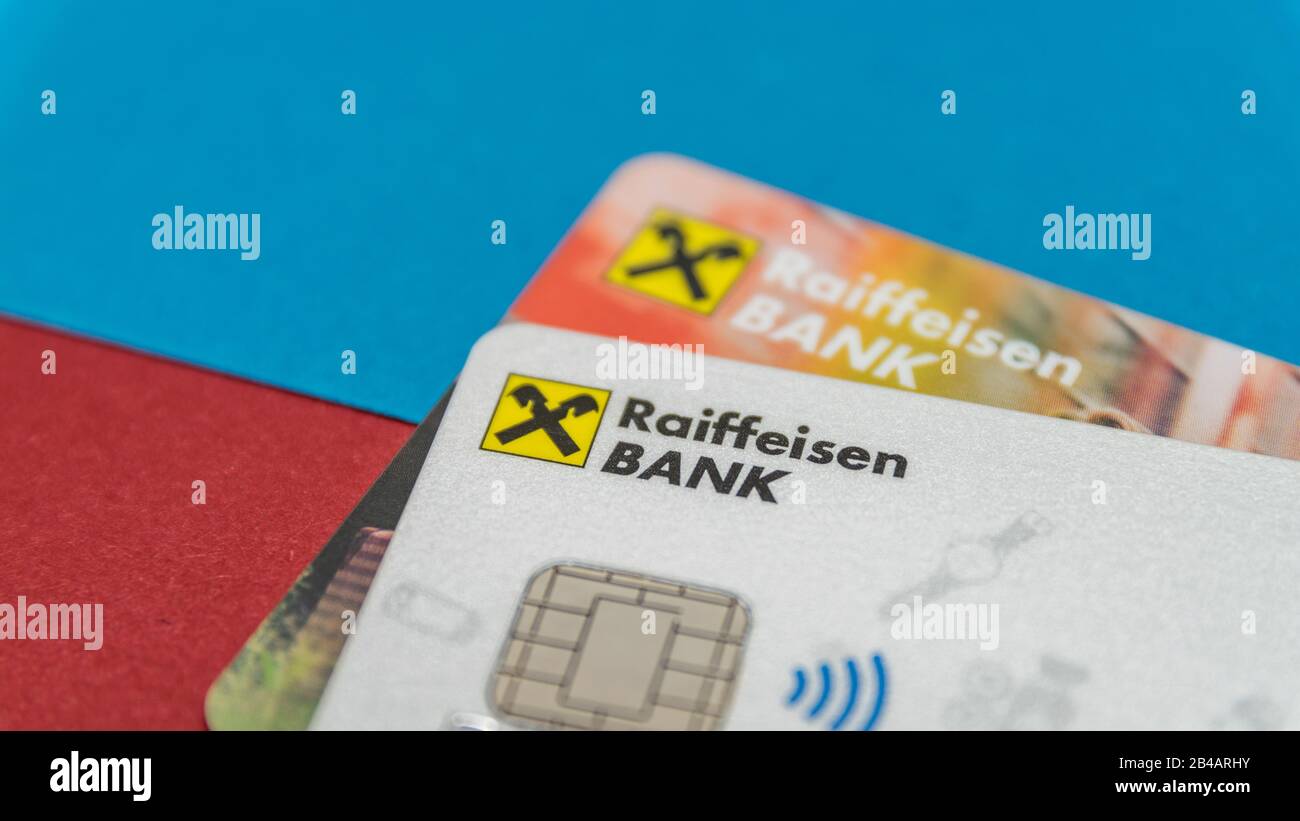 CLUJ, ROMANIA - NOV 08, 2019: Raiffeisen Bank, a universal bank on the Romanian market, providing a complete range of products and services. Raiffeise Stock Photo