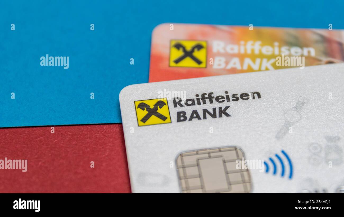 CLUJ, ROMANIA - NOV 08, 2019: Raiffeisen Bank, a universal bank on the Romanian market, providing a complete range of products and services. Raiffeise Stock Photo