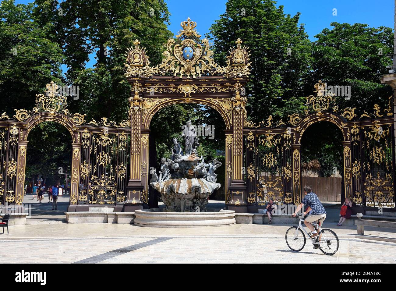 France, Meurthe-et-Moselle, Nancy, Place Stanislas (former Place Royale) built by Stanislas Leszczynski in the 18th century, listed as World Heritage by UNESCO, Amphitrite Fountain and golden gate by Jean Lamour Stock Photo