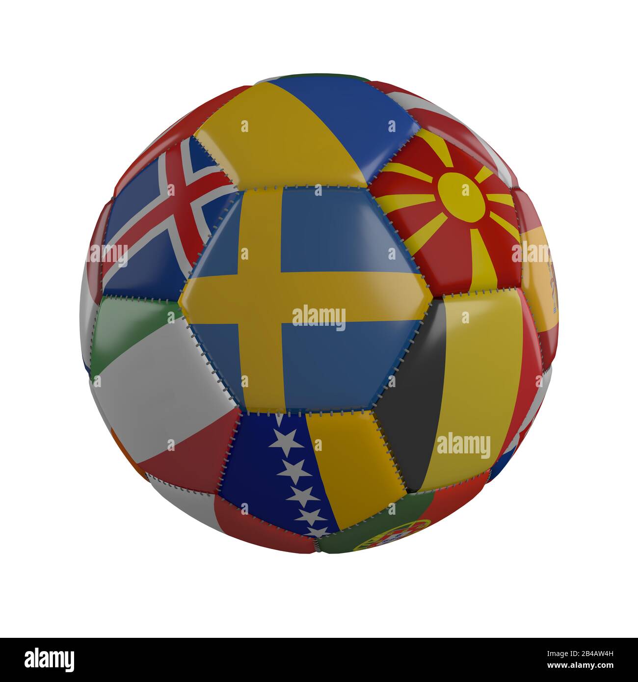 Sweden flag on a soccer ball with flags of European states on a white background, 3D render Stock Photo