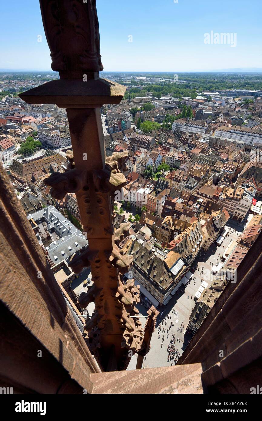 France, Bas Rhin, Strasbourg, old town listed as World Heritage by UNESCO, Notre Dame Cathedral, one of the four spiral staircases called the Vier Schnecken (four snails) that surround the 40-meter octagonal tower, view over rue Mercière Stock Photo