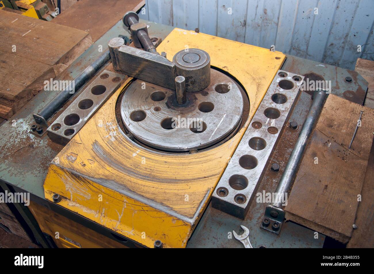 Equipment for bending steel rods at a construction site. Equipment for