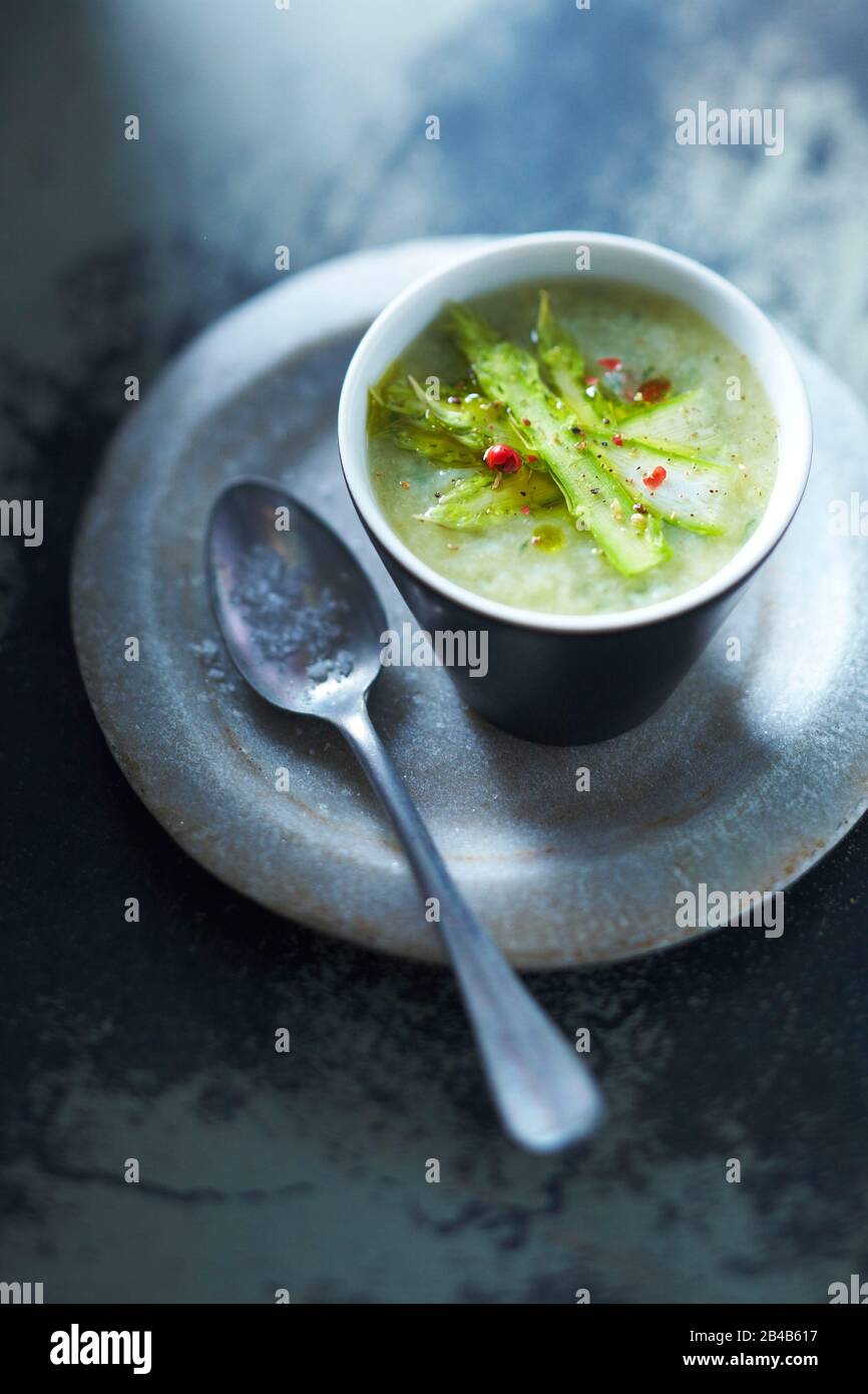 Asparagus soup with basil Stock Photo