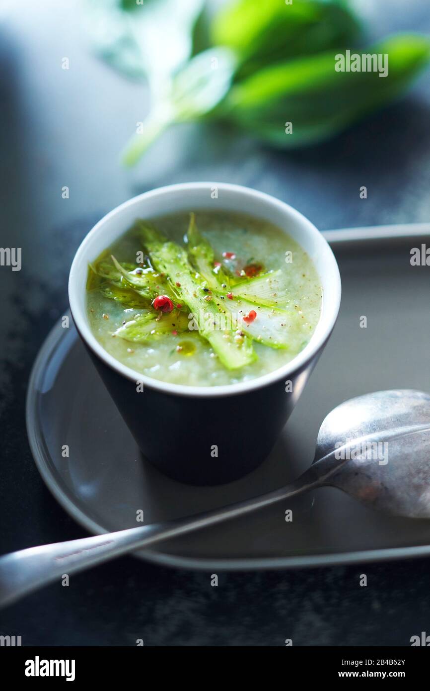 Asparagus soup with basil Stock Photo