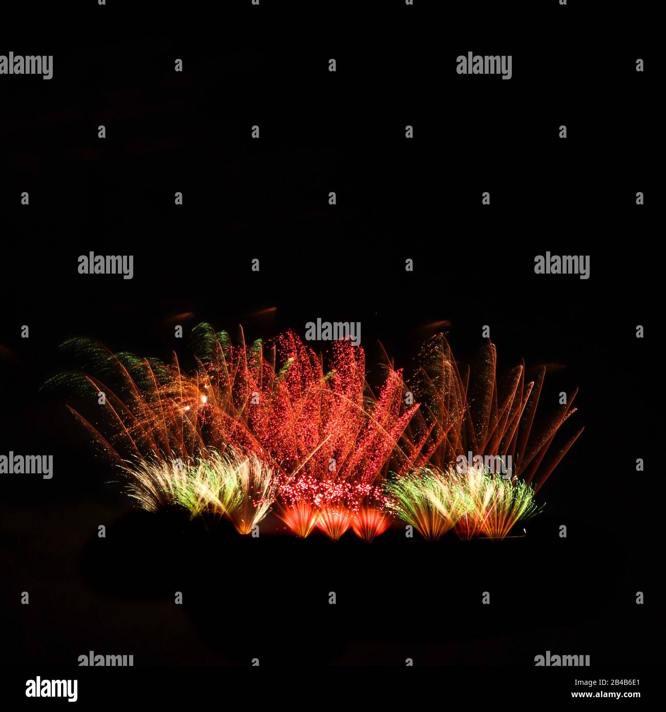 Vibrant colors against a black sky in a firework show at an event in