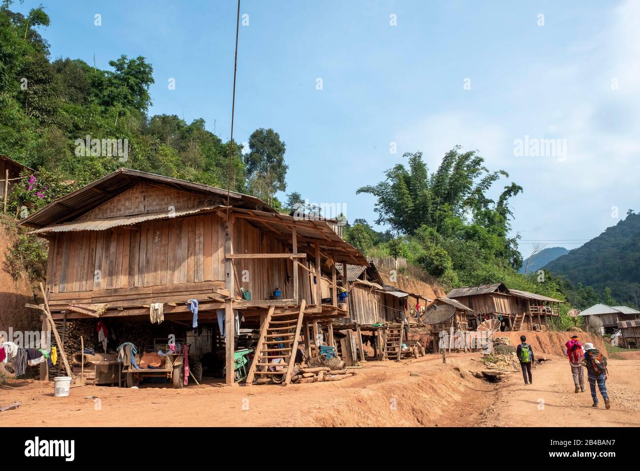 Laos, Phongsaly province, village and trekkers Stock Photo