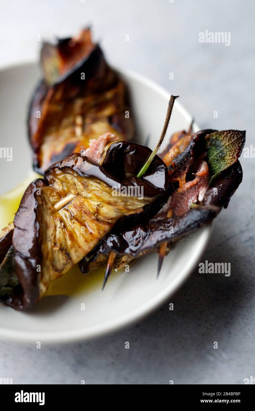 Grilled eggplant with anchovies with sage Stock Photo Alamy