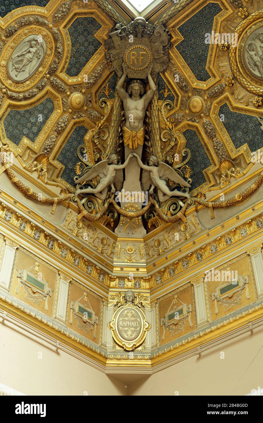 France, Paris, UNESCO World Heritage Site, Louvre museum, Salon Carre (Squared Room), built in 1661 by architect Louis Le Vau, Ceiling completed in 1851 and devoted to the arts Stock Photo