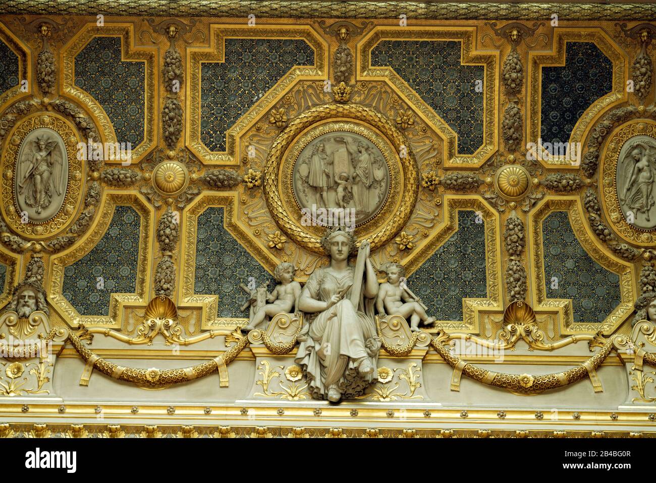 France, Paris, UNESCO World Heritage Site, Louvre museum, Salon Carre (Squared Room), built in 1661 by architect Louis Le Vau, Ceiling completed in 1851 and devoted to the arts Stock Photo