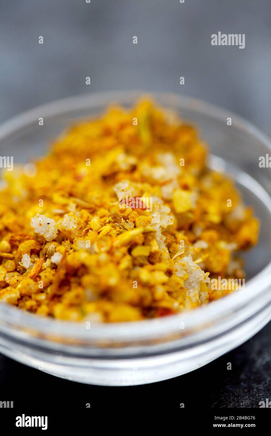 Seasoning, Indian mixture and fleur de sel Stock Photo Alamy