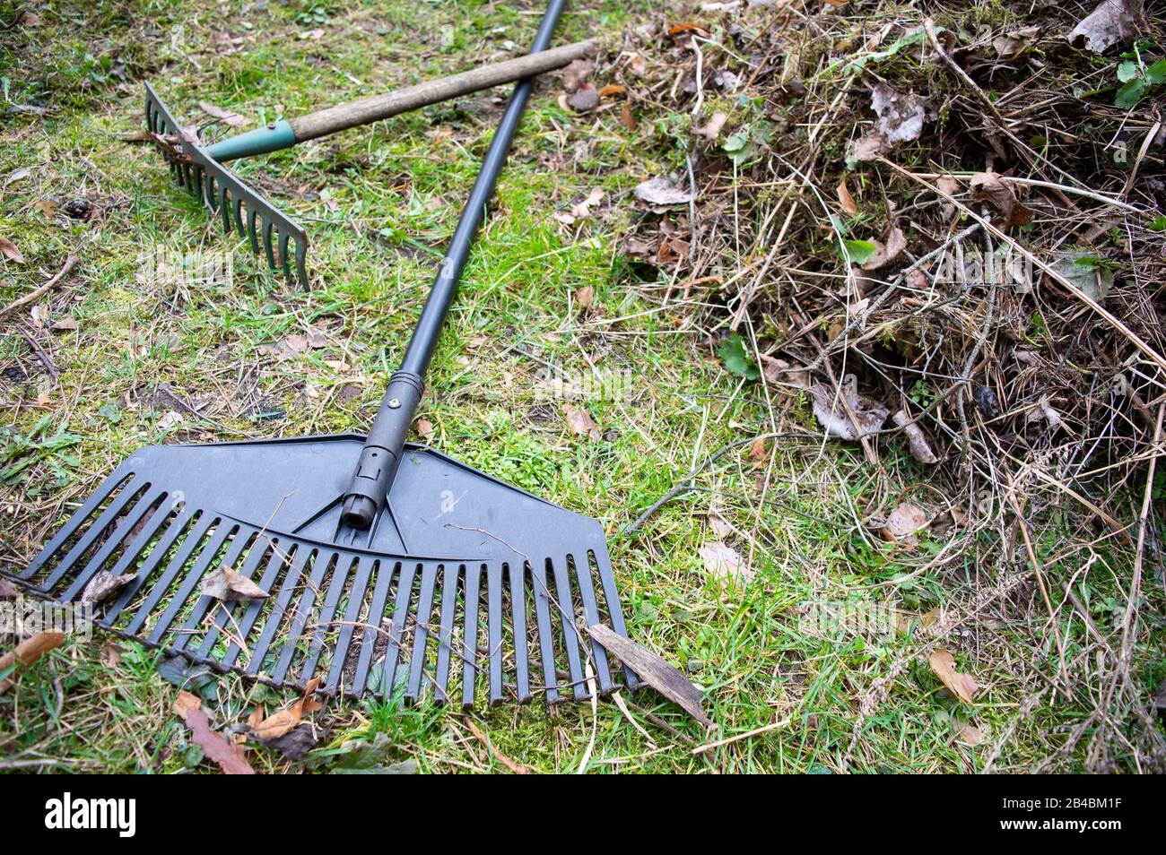 Garden rakes and a pile of dry leaves and grass on ground. Spring
