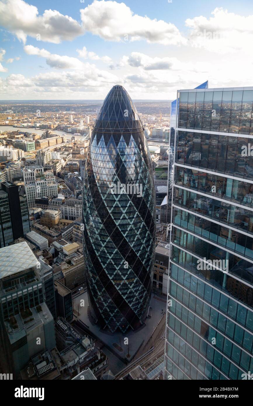 The Gherkin London UK; - 30 St Mary Axe, a skyscraper in the City of London Financial District, Modern architecture London UK Stock Photo