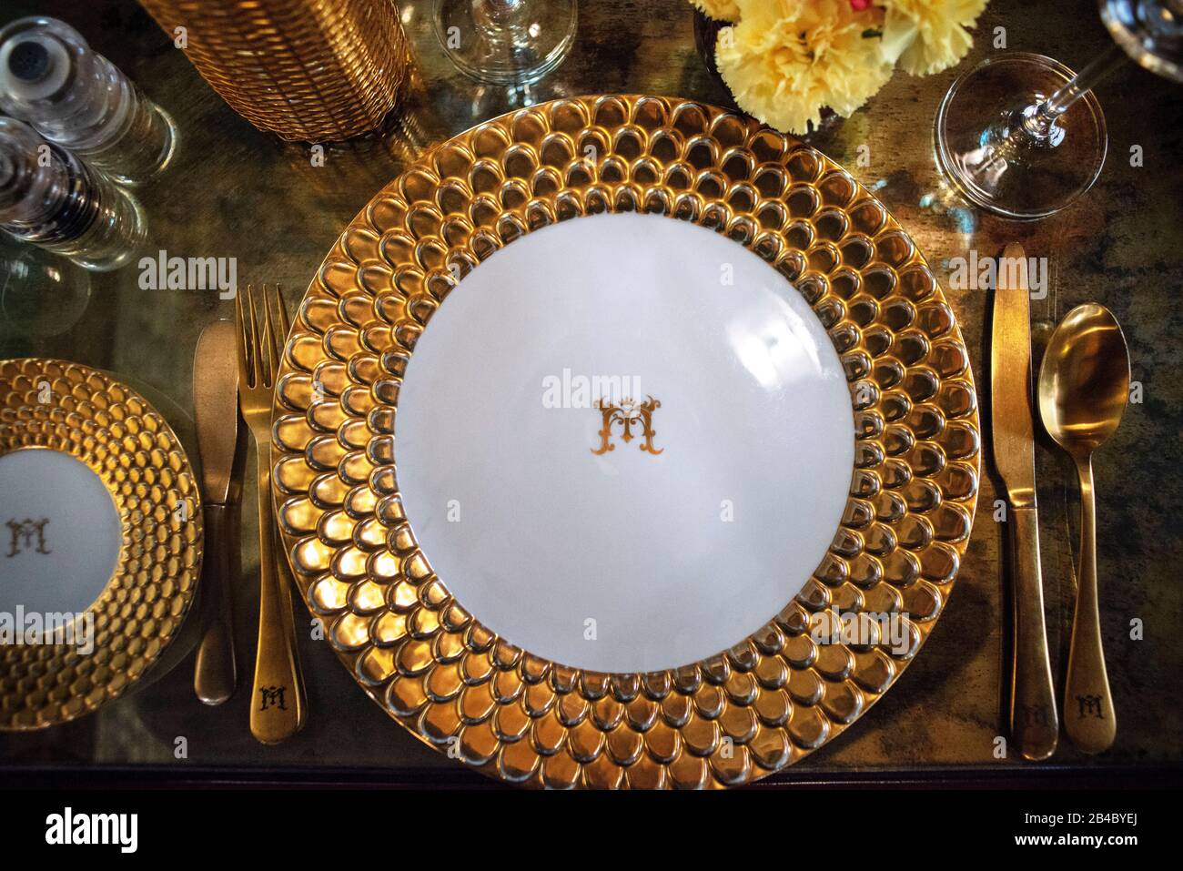 Fine cutlery inside one of the dining cars of the Luxury train Maharajas express train. Rajasthan Jodhpur Rajasthan India. Stock Photo