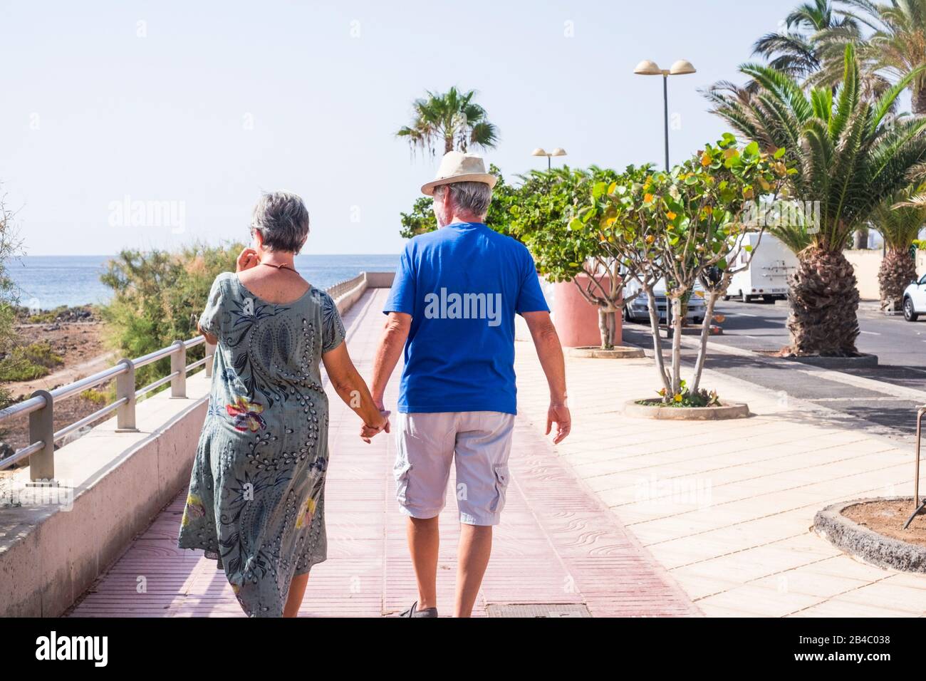 Happiness in retired lifestyle people with caucasian senior aged couple walking happy viewed from back taking hands eachother with love - forever concept and enjoying outdoor leisure activity Stock Photo