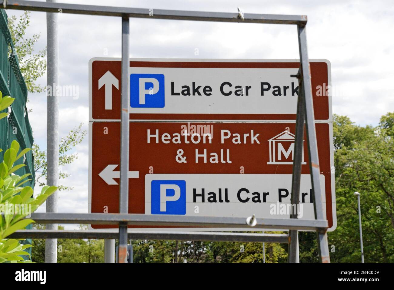 Heaton Park and Hall tourist direction roadsign in North Manchester, UK