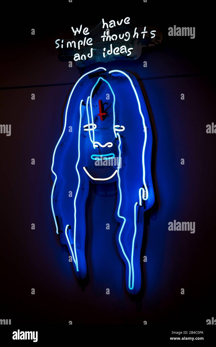 A Neon sign showing a face with the text We have simple thoughts and ideas Stock Photo