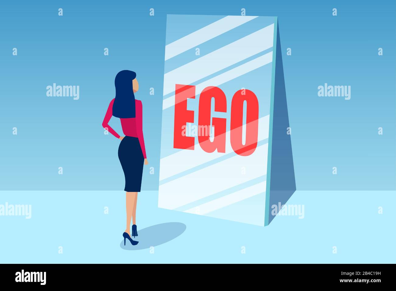 Vector of a young woman looking in a mirror with word ego as a reflection Stock Vector