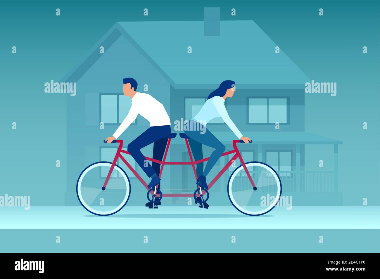 Vector of a young couple woman and man riding tandem bicycle in different directions. Stock Vector