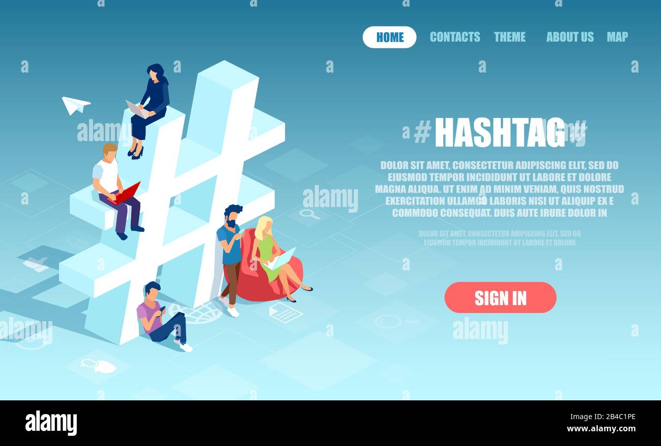 Vector of diverse people using mobile gadgets sharing hash tagged posts ...