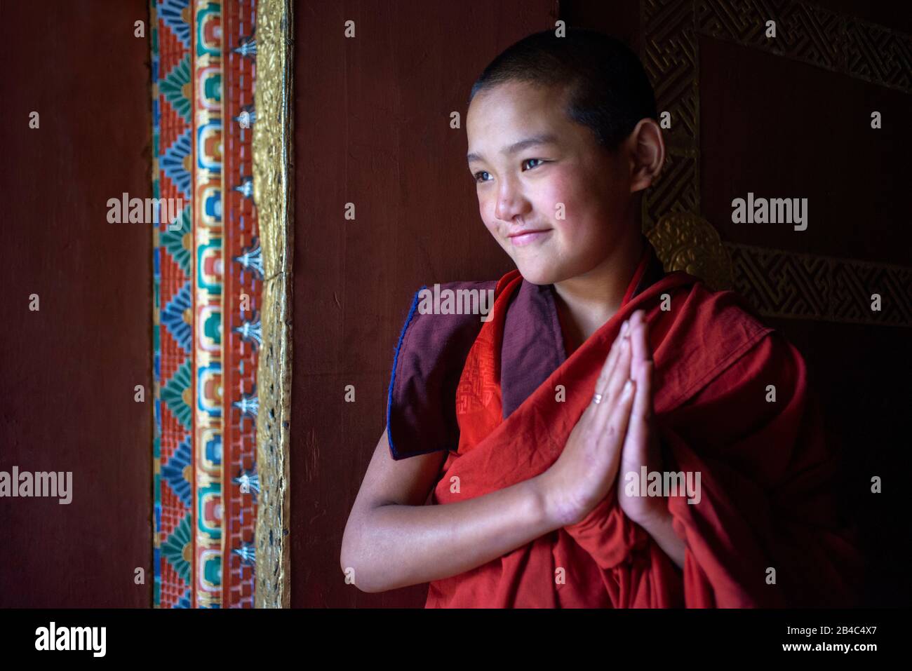 Monk in Gangtey Monastery, Phobjikha Valley, Western Bhutan, Asia Stock Photo