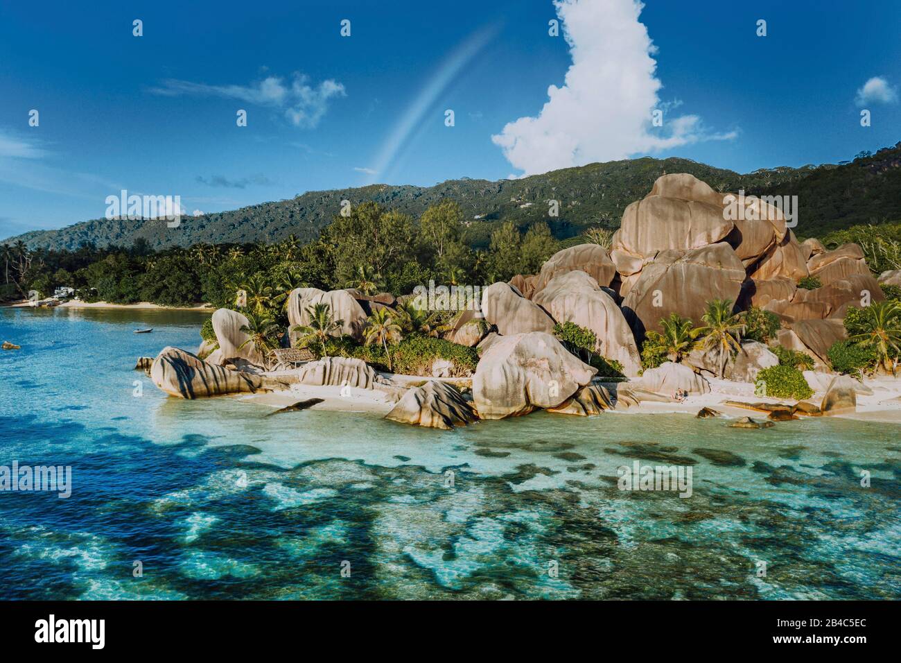The most beautiful Anse Source D'Argent tropical beach, La Digue Seychelles. Luxury exotic travel concept. Stock Photo