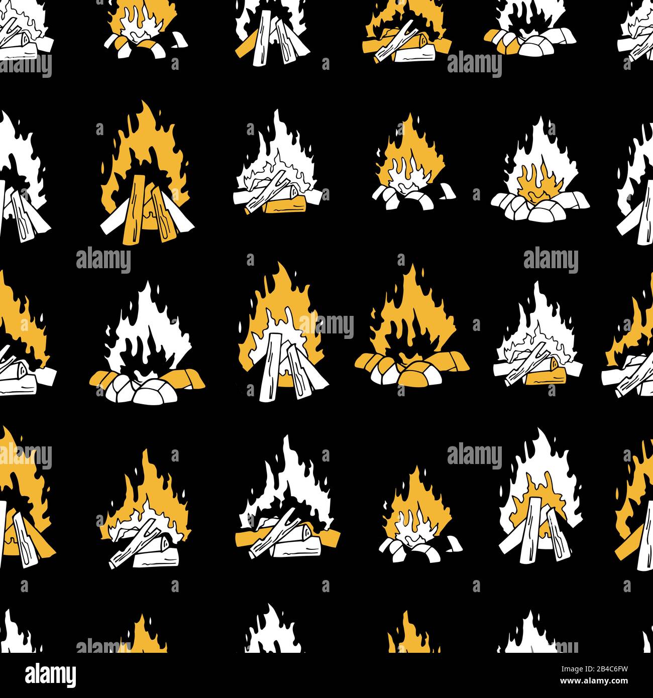 Modern vector seamless pattern with burning fire on a black background. Isolated bonfire illustrations. Endless texture in golden black and white Stock Vector