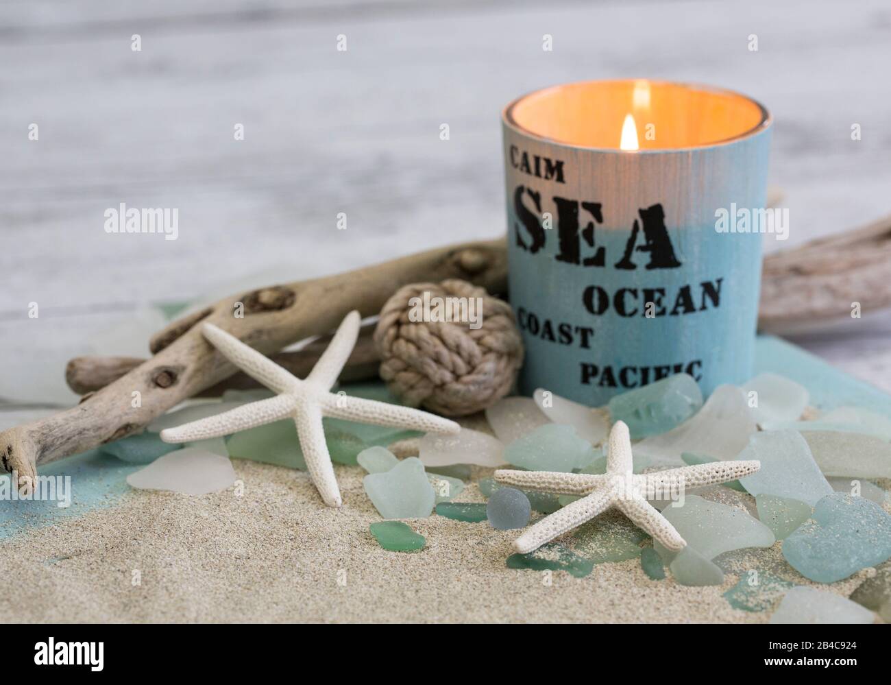 Sea Glass  Candle  with Driftwood Holder