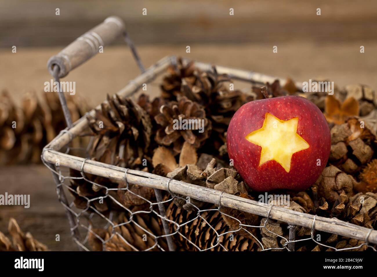 Red apple with a star shaped cut out in a basket with pine cones Stock Photo