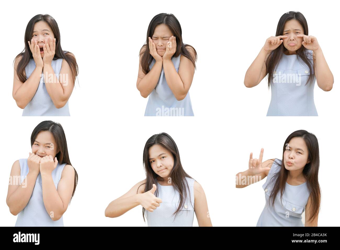 White-background isolated woman emotions set images with different facial expressions and body language in both positive and negative emotions by chee Stock Photo