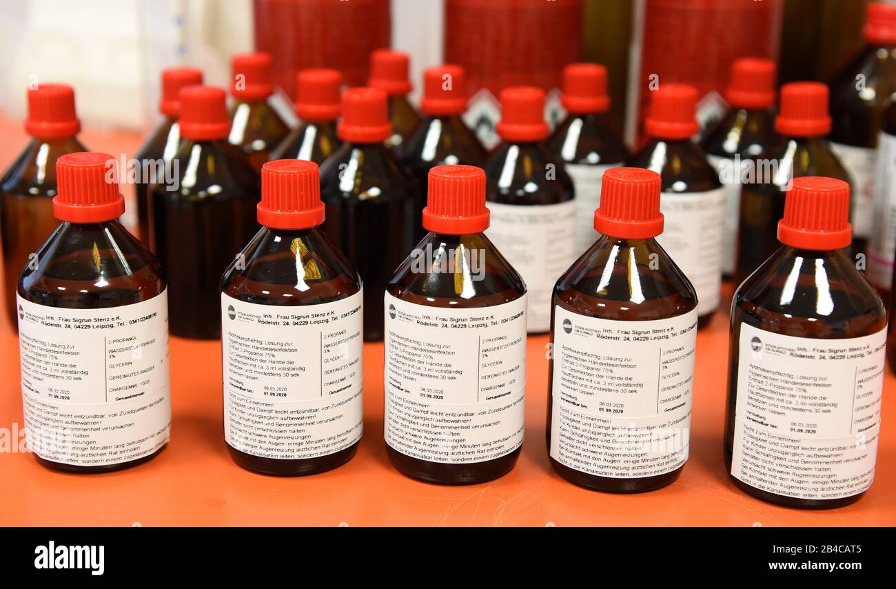 Leipzig Germany 06th Mar 2020 In A Laboratory Of The Rosenapotheke Am Auwald In Leipzig Solutions For Hygienic Hand Disinfection According To Who Recommendations Are Available For Sale To Customers Due To