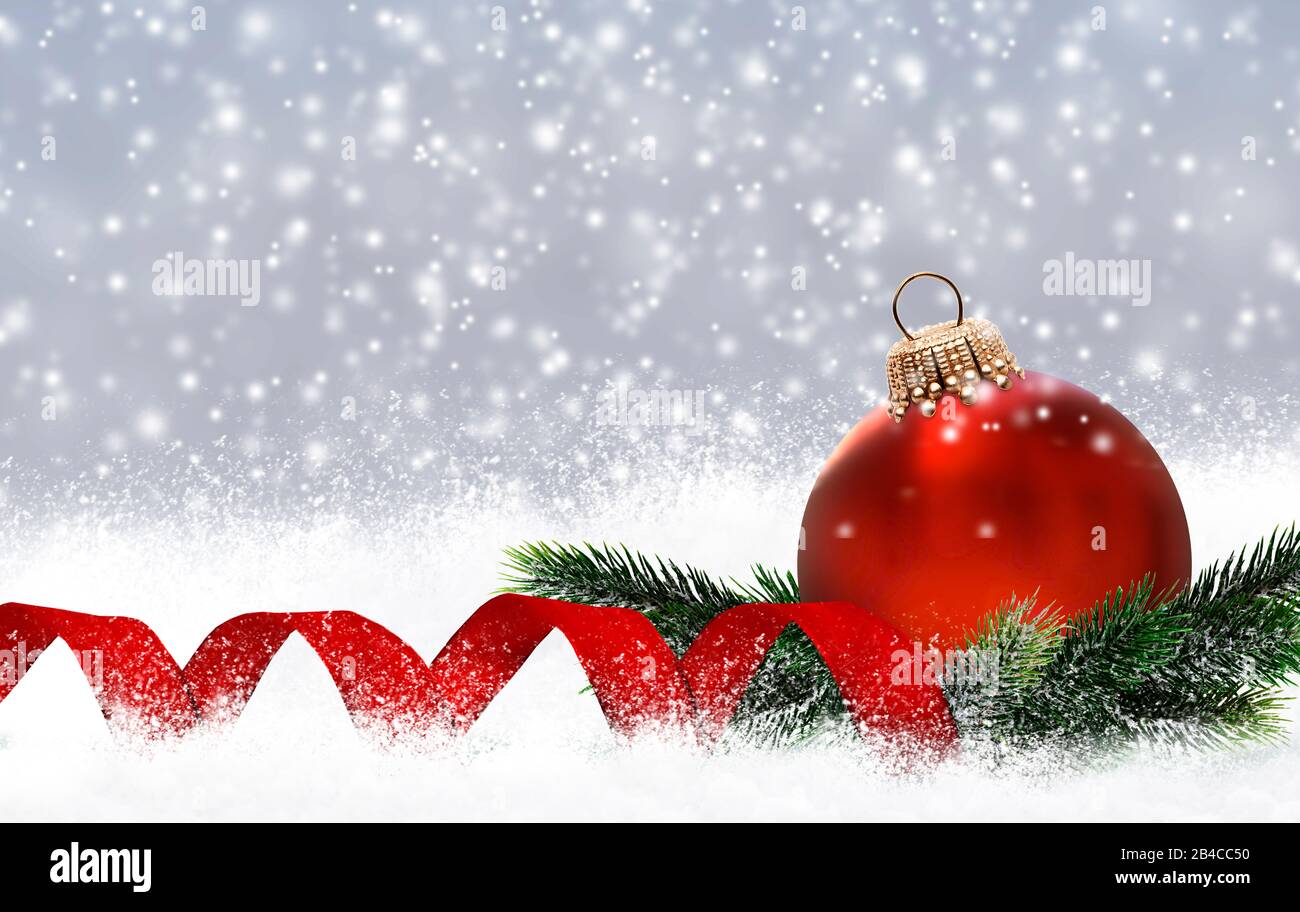 Shiny red christmas ball on ribbon isolated on white background Stock Photo