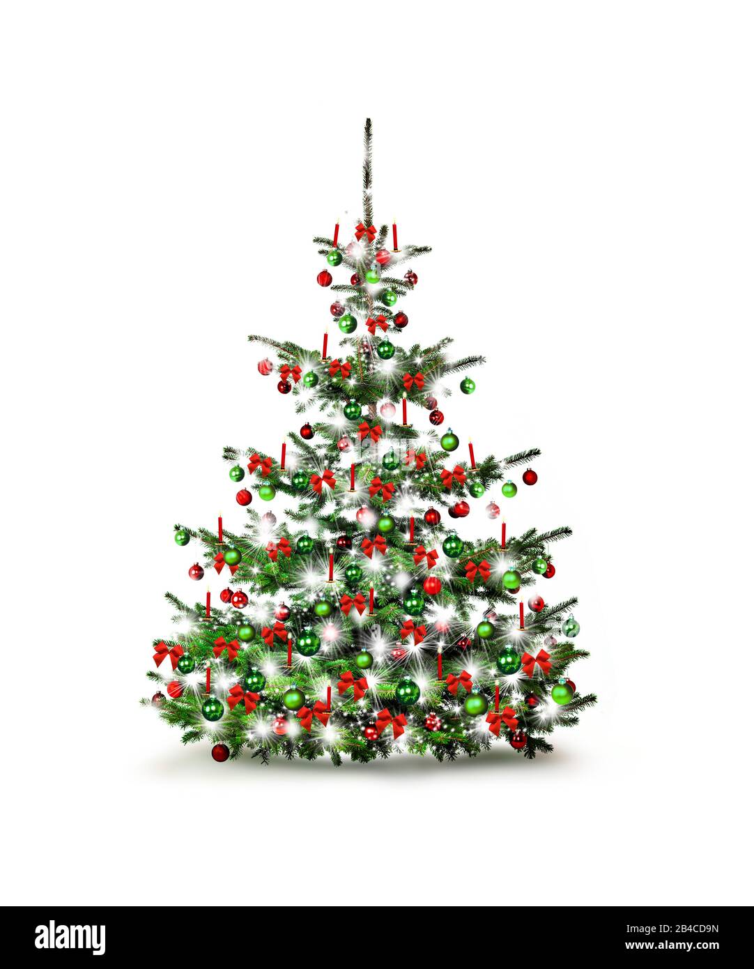 Christmas tree with candles, baubles and bows Stock Photo