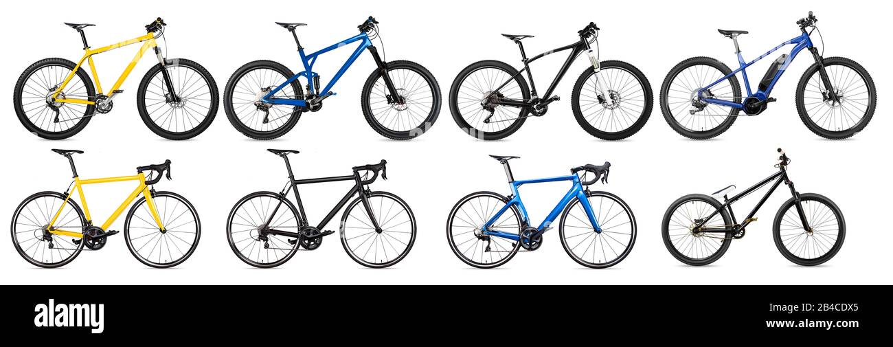 set collection of various bicycle models and e bike. yellow black and blue mountain bike, racing sport carbon cycle, enduro full suspension and batter Stock Photo