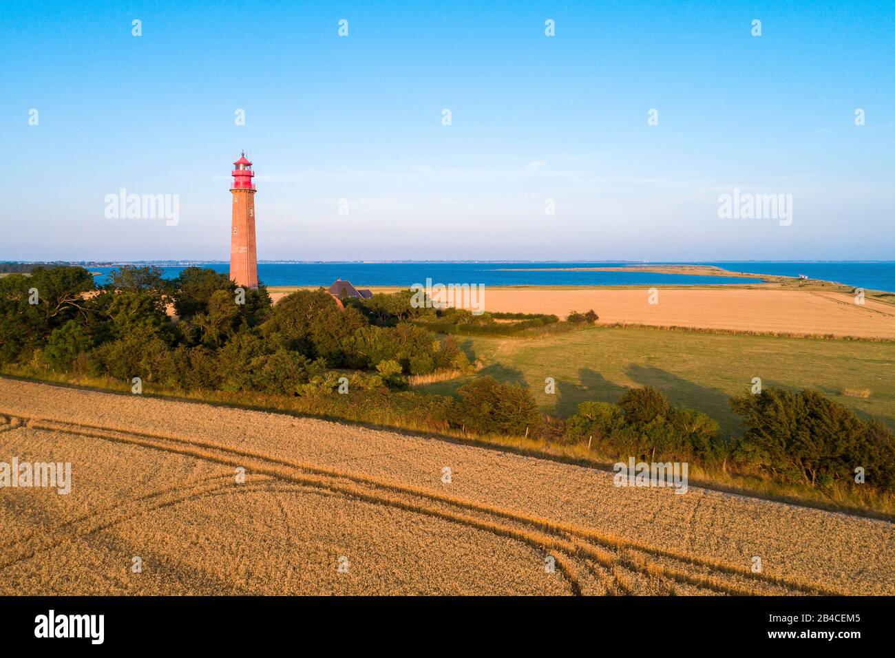 The lighthouse Fluegge as seen from the sky on a sunny day, It was build from 1914 to 1915, Stock Photo