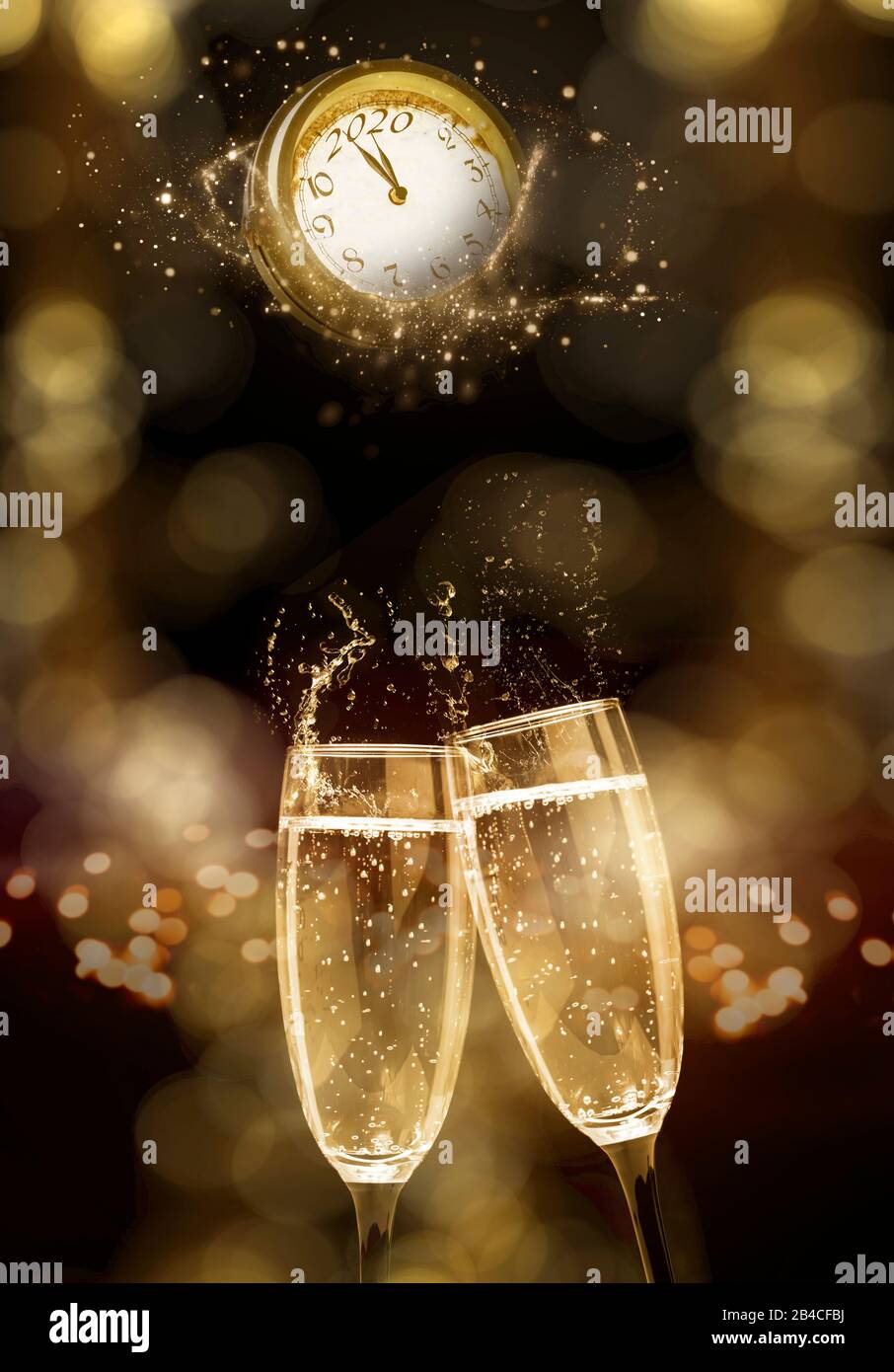 Two champagne glasses and clock on New Year's Eve 2020 Stock Photo ...