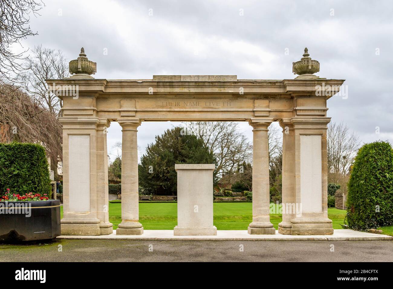 The large stone square archway of Guildford war memorial remembering those who lost their lives in the first and second world wars. Stock Photo