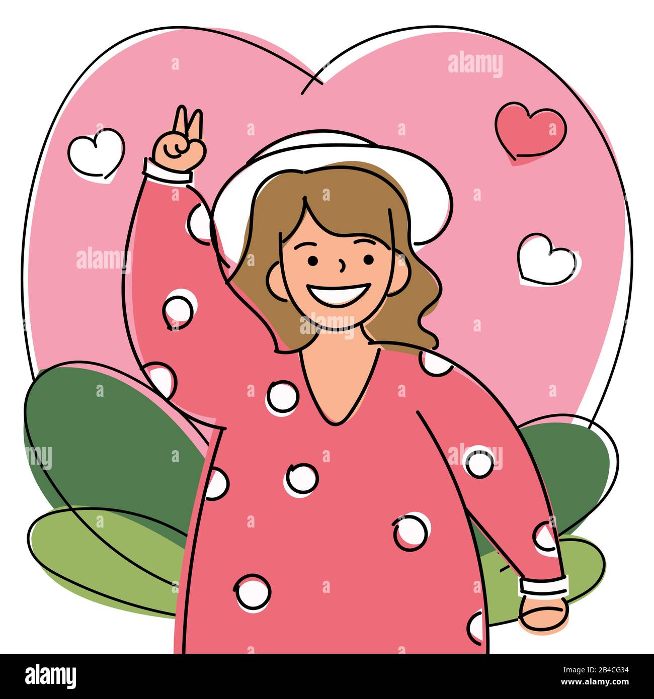 A joyful woman joins some event with her open arms. Happy female cartoon character with raised hands. cute and romantic girl and flowers illustration Stock Vector