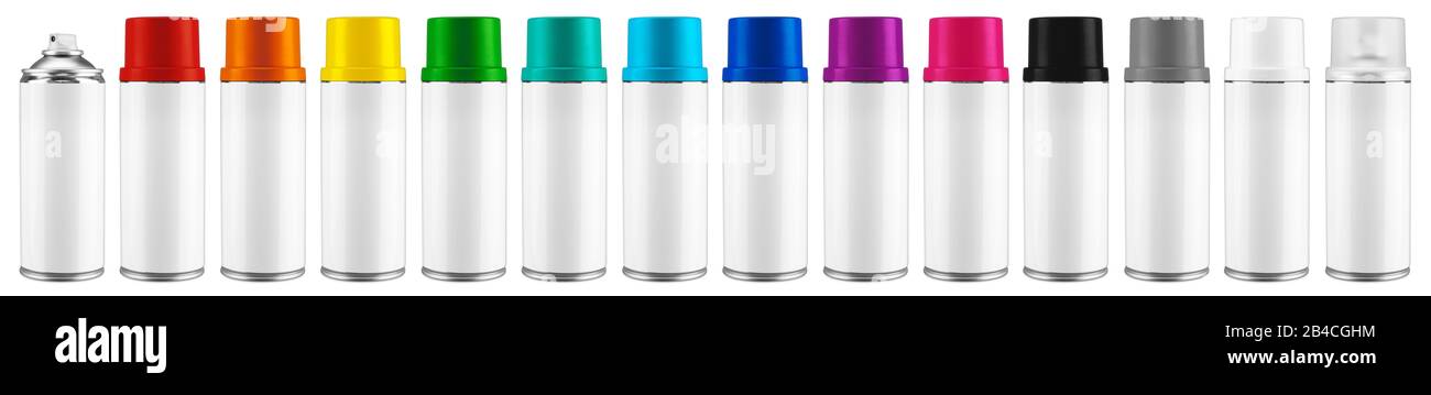 Row of paint spray bottles with white blank copy space label and multi rainbow black grey and clear colored caps. Coating can set collection isolated Stock Photo