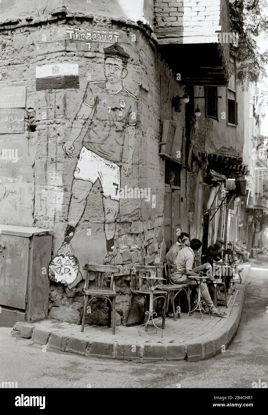 Black And White Photography - Street art of Egypt footballer Trezeguet in Islamic Cairo in Egypt in North Africa Middle East - Football Stock Photo