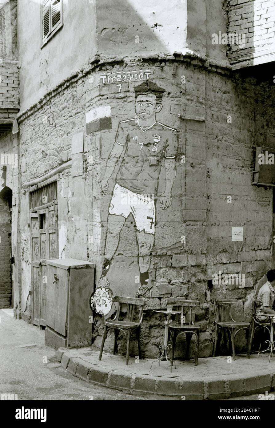 Black And White Photography - Street art of Egypt footballer Trezeguet in Islamic Cairo in Egypt in North Africa Middle East - Football Stock Photo