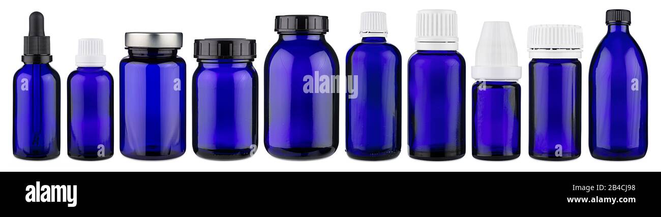 Set collection row of various blue medicine pill glass pipette dropper bottle blank without copyspace label design pattern isolated on white panorama Stock Photo