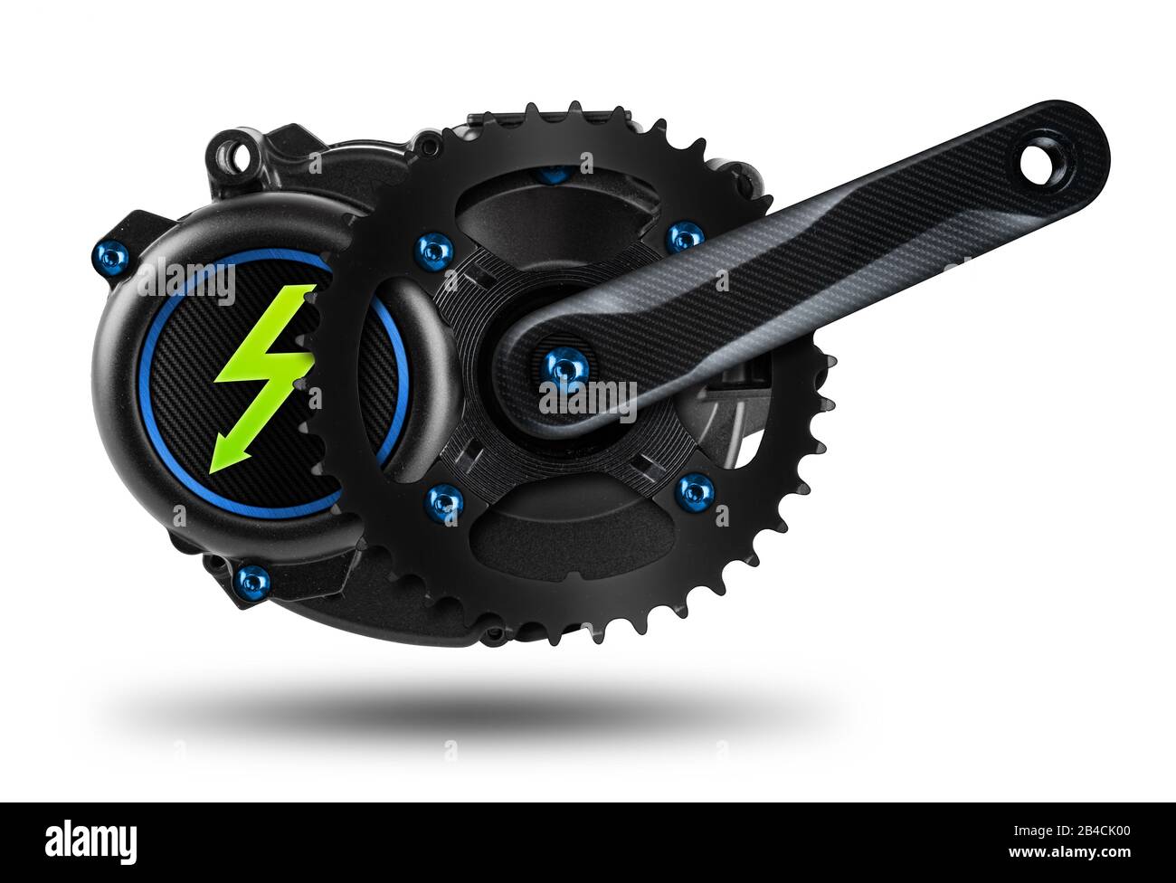e bike or pedelec mid mount drive engine motor with blue screws carbon fibre tuning crank set and green electricity lighntning symbol isolated on whit Stock Photo