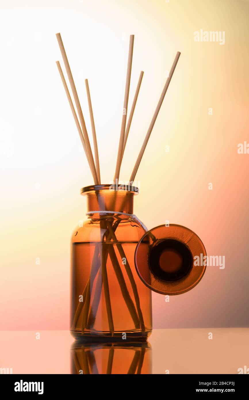 Download Air Refresher Bottle Mock Up Reed Diffuser On A Light Rose Gradiente Background Aromatherapy Concept Home Fragrance Bottle Stock Photo Alamy