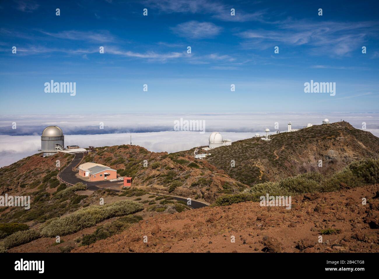 Spain, Canary Islands, La Palma Island, Parque Nacional Caldera de Taburiente national park,  Roque de los Muchachos Observatory, telescopes Stock Photo
